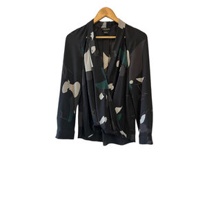 TROUVE Black Printed Semi Sheer Cut Out Shoulder Long Sleeve Deep V Cut Top S